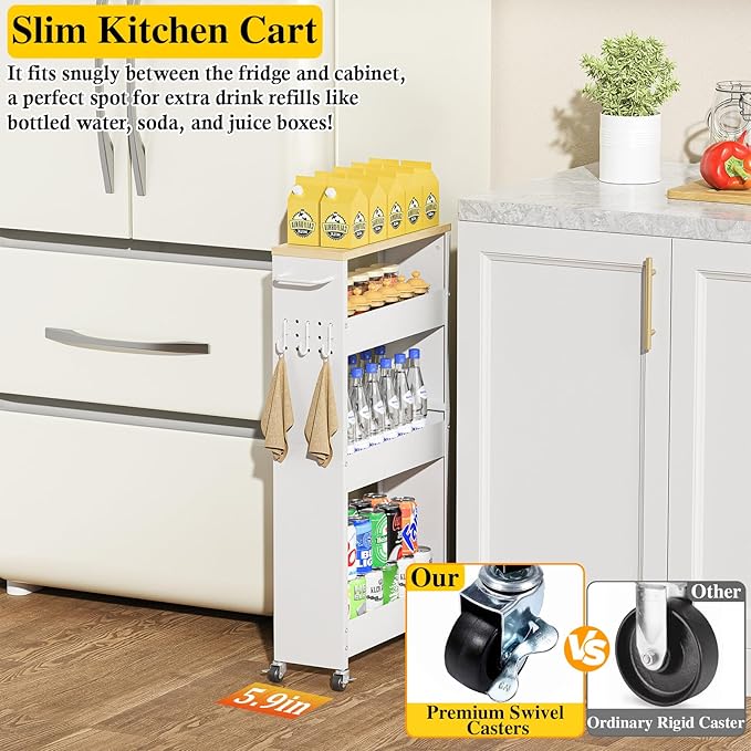 Utility Slim Storage Cart, 4-Tier Narrow Laundry Room Bathroom Organizers and Storage Cart, Metal Pantry Kitchen Organization Shelf with Wood Top, Slim Rolling Rack with Wheels for Small Space