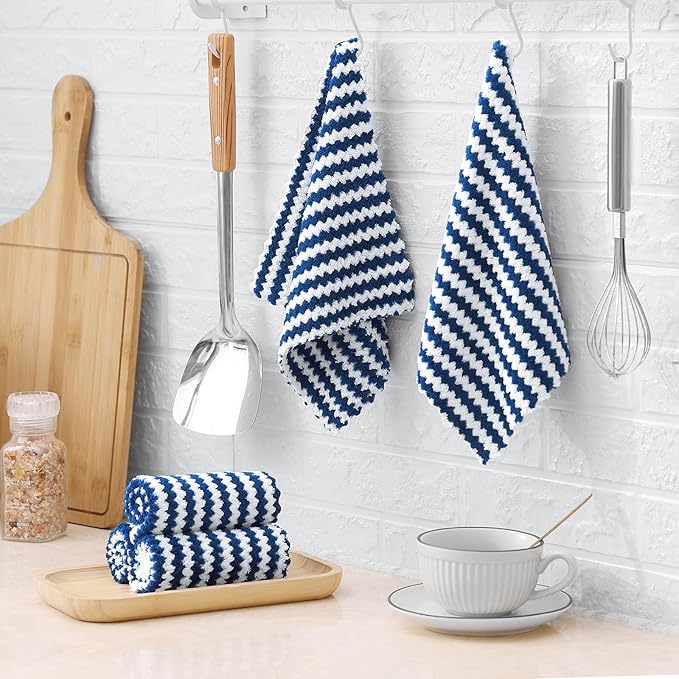 Homaxy 12 Pack Kitchen Dish Cloths, Ultra Soft and Absorbent Dish Towels, Reusable Fast Drying Microfiber Cleaning Cloth, Coral Velvet Wave Design No-lint, 10 x 10 inches, Navy Blue