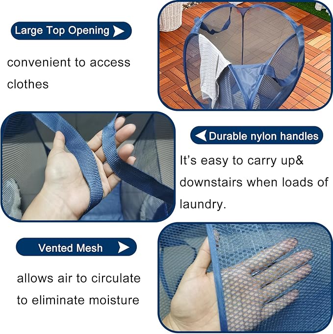 Mesh Pop Up Laundry Hamper for Cruise, Collapsible Laundry Basket Foldable Dirty Clothes Hamper with Handles, Side pocket, Ash Blue