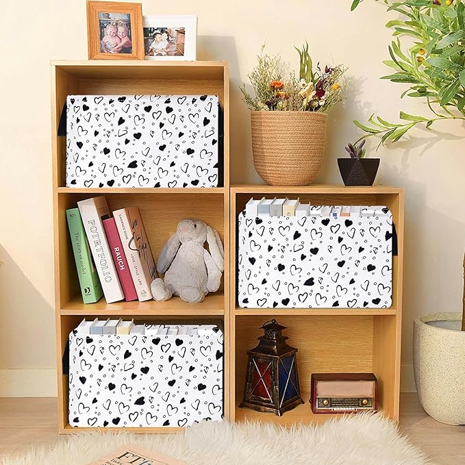 Girls Empty Gift Basket Heart Print Storage Cube for Women, Closet Shelf Organizer Bins with Handles Nursery hamper Kids Toys Books Box Room Deco