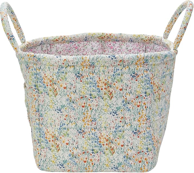 Quilted Fabric Storage Basket with Handles & Pocket, Foldable Laundry Hamper Boho Floral Print Organizer Bin for Home, Picnic, Office 12"x10"x10" (A-3)