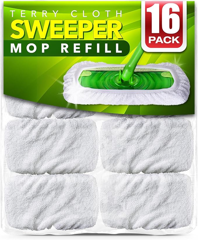 VanDuck Reusable 100% Cotton Mop Pads (16-Pack), Terry Cloth Mop Covers Washable for Wet Mopping and Floor Cleaning (Handle is Not Included)