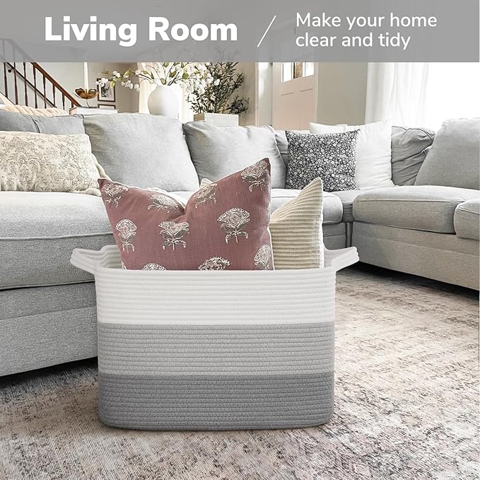 Goodpick Large Woven Basket, Rectangle Rope Storage Baskets for Organizing, Blanket Basket with Handles for Living Room, Nursery, Gradient Gray, 18 x 14 x 12 Inches