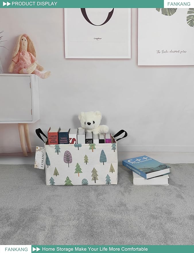 FANKANG Storage Bins, Nursery Hamper Canvas Laundry Basket Foldable with Waterproof PE Coating Large Storage Baskets for Kids Boys and Girls, Office, Bedroom, Clothes,Toys(Rec-Colorful Forest ）