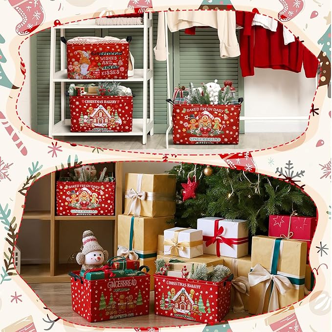 4 Pack Christmas Storage Bin Collapsible Large Christmas Gingerbread Man Storage Baskets for Gifts Canvas Laundry Basket Foldable Box with Handle for Office Home Bedroom Clothes Toys Decor