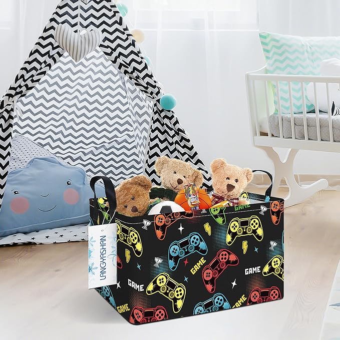 LANGYASHAN Rectangular Storage Bin Collapse Canvas Fabric Cartoon Storage Basket with Handles for Organizing Home Kitchen Boys and Girls Toys Office Closet Shelf Baskets (Rec Game)
