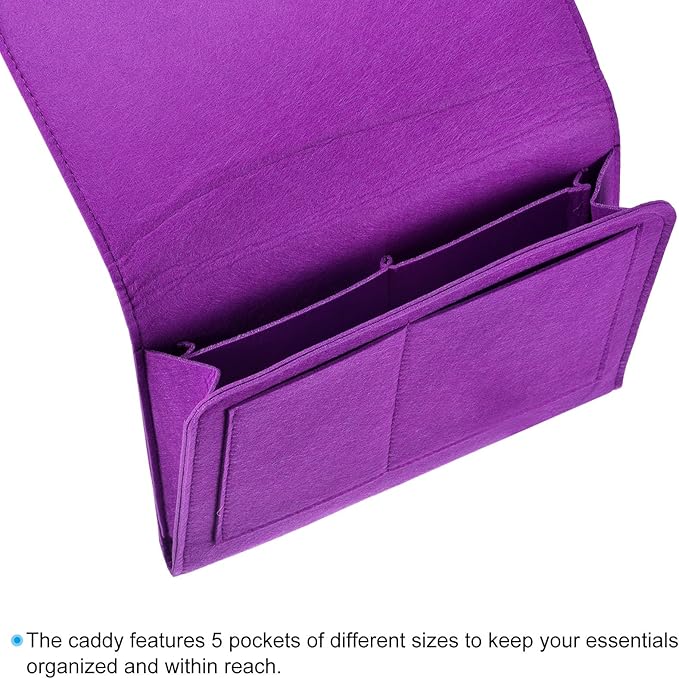 PATIKIL 11in Bedside Caddy, Bed Caddy Bedside Organizer Hanging 5 Pocket Soft Felt Bed Pockets Bedside Storage Organizer Remote Control Holder for Bedroom Phones Glasses, Purple