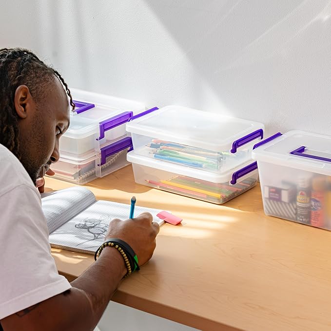 IRIS USA 5 Qt. Plastic Craft Storage Container Bins with Lids, 6 Pack, Small Art & Office Supply Organizer Tote, Sensory Bins & Boxes for Home & University, Stackable, Carry Handle, Clear