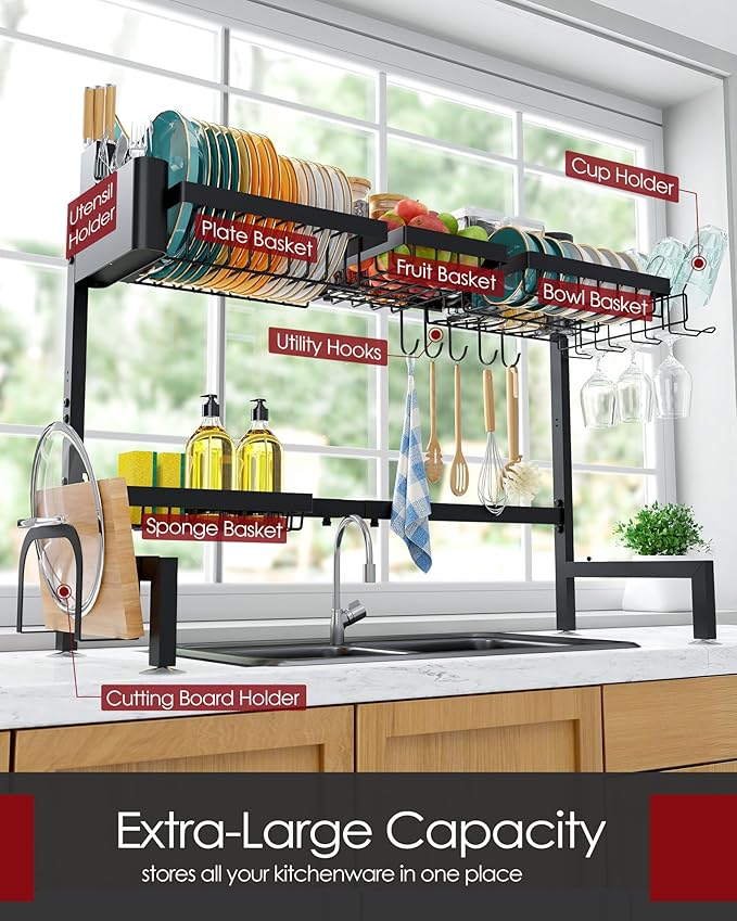 Over The Sink Dish Drying Rack - Adjustable 2 Tier X-Large Capacity Stainless Steel Drainer with Cutlery & Utensil Holders, Kitchen Storage & Organization, 31.5"-39.5"L x 12"W x 24.5"H, Black