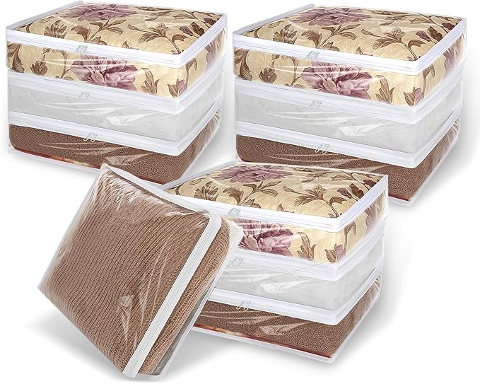 10 Packs Clear Zippered Storage Bags Durable Plastic Sweater Clothing Organizer Under Bed Closet Containers Bins for Blankets Clothes Bedsheets Pillows Comforter Quilt (15.7 x 13.8 x 3.9 Inch)