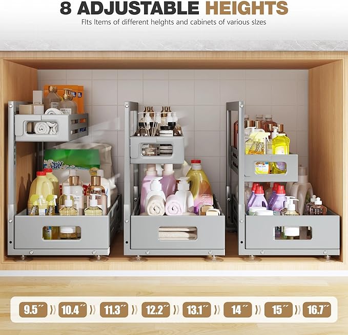 2 Pack 19IN-Depth Under Sink Organizer,Pull Out Cabinet Organizer With Smooth Cylindrical Rail,Metal Slide Out Drawer for Kitchen Bathroom Laundry,8-Level Tool Free Height Adjustable-Gun Gray