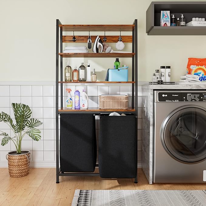 Furnulem 4 Tiers Laundry Hamper with Shelf and Hooks, Tall Laundry Basket Sorter with 2 Removable Bags, Double Clothes Hampers Organizers for Bathroom Bedroom