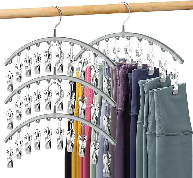 Legging Organizer for Closet, Metal Yoga Pants Hanger w/Rubber Coated 4 Pack w/10 Clips Hold 40 Leggings, Hangers Space Saving Hanging for Closet Organizers and Storage-Gray