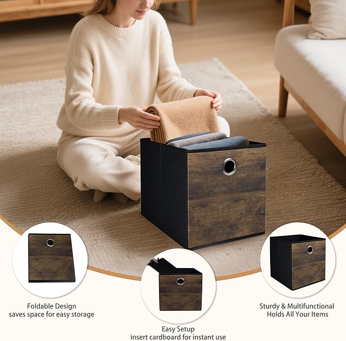 4 Pack Durable Storage Cube Bin with Decorative Wood Grain,Stylish Thickened Fabric Cube Box,Space-saving Storage Basket for Shelves,Closet,Office,Bedroom,Living Room,Nursery,Dorm,RV,13x13x13in(Large)