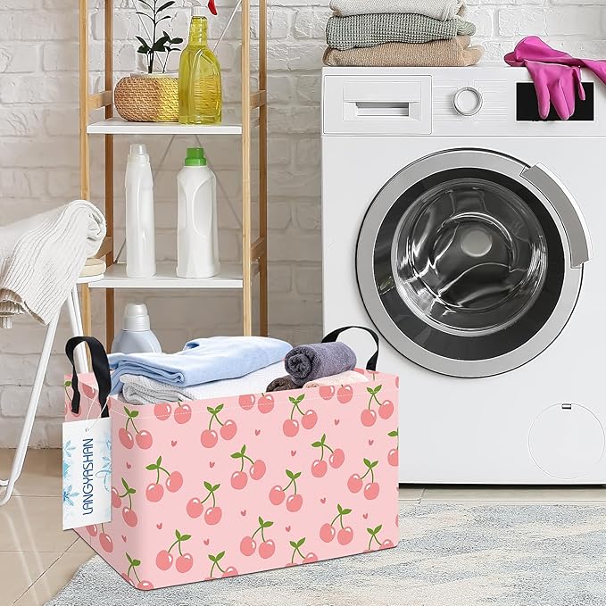 LANGYASHAN Rectangular Storage Bin Collapse Canvas Fabric Cartoon Storage Basket with Handles for Organizing Home Kitchen Boys and Girls Toys Office Closet Shelf Baskets (Rec Pink Cherry)