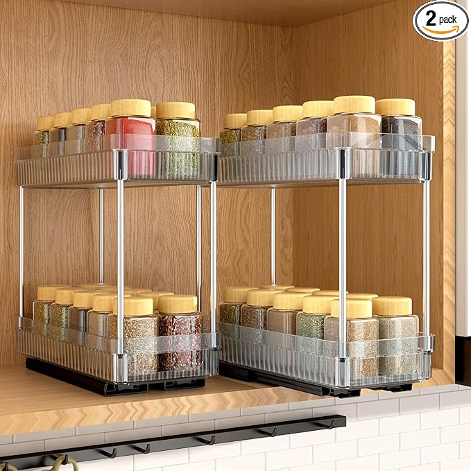 2 Pack Pull Out Spice Rack Organizer for Cabinet, 2 Tier Slide Out Spice Racks Organizer, Spice Cabinet Organizers, Cabinet Size Need:12'' High x 11'' Deep x 5'' Wide, Clear Acrylic