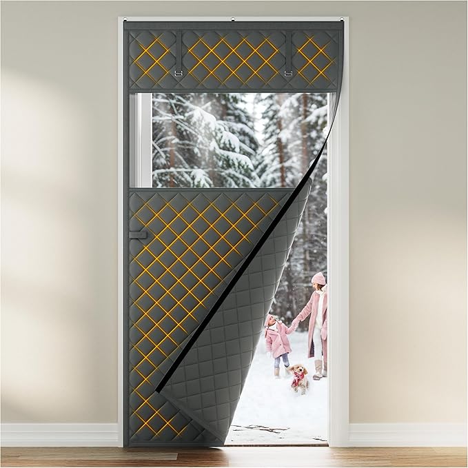 Thermal Insulated Door Curtain Fits Door Size 38 x 83 Inch, Oxford Cloth Thicken Cotton Fiber, Curtain Size 41" x 85", Single Piece Screen Insulation Cover to Keep Warm, with Clear Windows