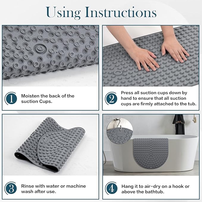 Joiyota Silicone Push Pop Bath Mat with 391 Suction Cups,33x17.3 Inch Non-Slip Tub Mat for Adults, Superior to Foldable Mats for Safety & Stability with Drain Holes, Gray Thickend Soft Shower Mat