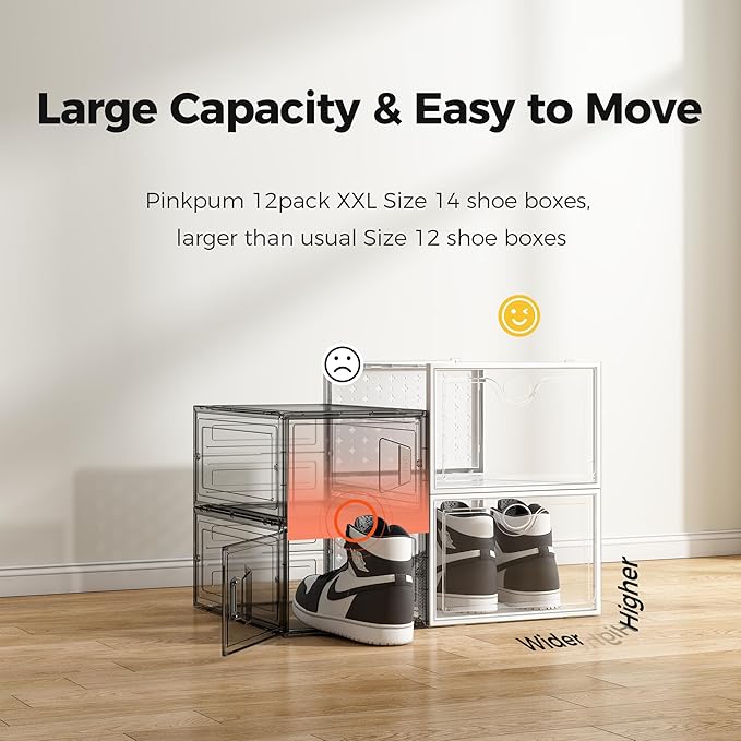 Pinkpum XXL Larger Shoe Storage Boxes Fit Size 14, Clear Plastic Stackable Shoe Organizer 12 Pack Sneaker Storage for Sneakerheads Shoe Containers