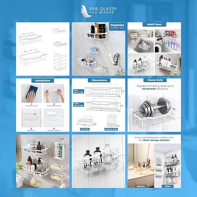 Fab Glass and Mirror shower caddy Bathroom shower organizer (White, Pack of 5)