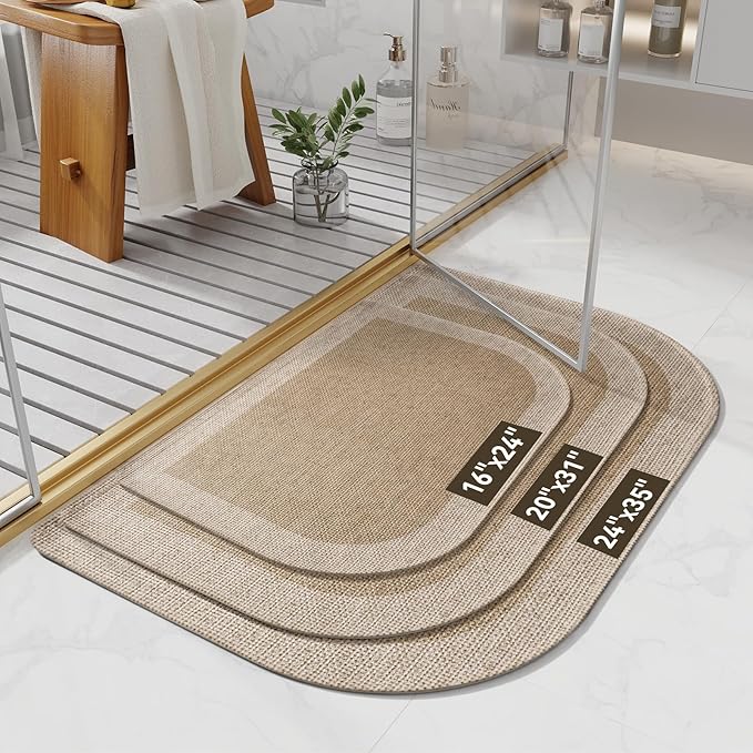 YDKGL Bathroom Rugs Mat 20x31, Ultra Thin Non Slip Bath Mats for Bathtub Quick Dry Absorbent Rubber Bathroom Mat Fit Under Door, Washable Half Round Bath Rugs, Beige Brown