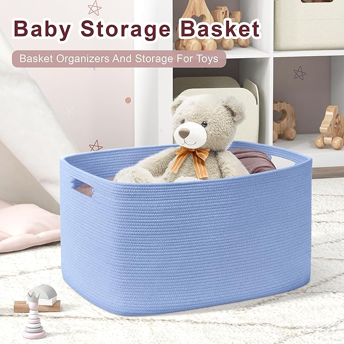 60L Small Baby Girls Laundry Basket for Nursery Storage,Cute Woven cotton Rope Baskets for Kids Toy，Gifts, Boho Square Wicker Blanket hamper for Living Room,Bedroom Dirty Clothes,Blue Purple