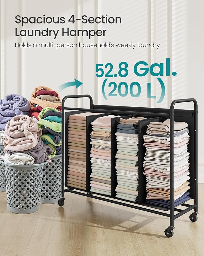 SONGMICS 4-Section Laundry Sorter, Laundry Hamper with Wheels, Rolling Clothes Hamper Cart with Large Capacity and Removable Bags, for Laundry Room, Bedroom, Bathroom, Ink Black URLS460B01