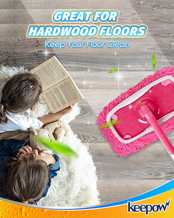 Keepow 8 Pack Reusable Mop Pads Compatible with Swiffer Sweeper, Chenille Mop Refill Pads, Dry & Wet Mopping Cloths for Floor Cleaning -Pink