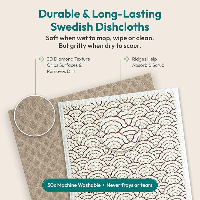 FEBU Swedish Dishcloths for Kitchen | 5 Pack Neutral Reusable Paper Towels Washable | Swedish Dish Towels | Non-Scratch Cellulose Sponge Cloths | No Odor, Biodegradable Cleaning Cloths