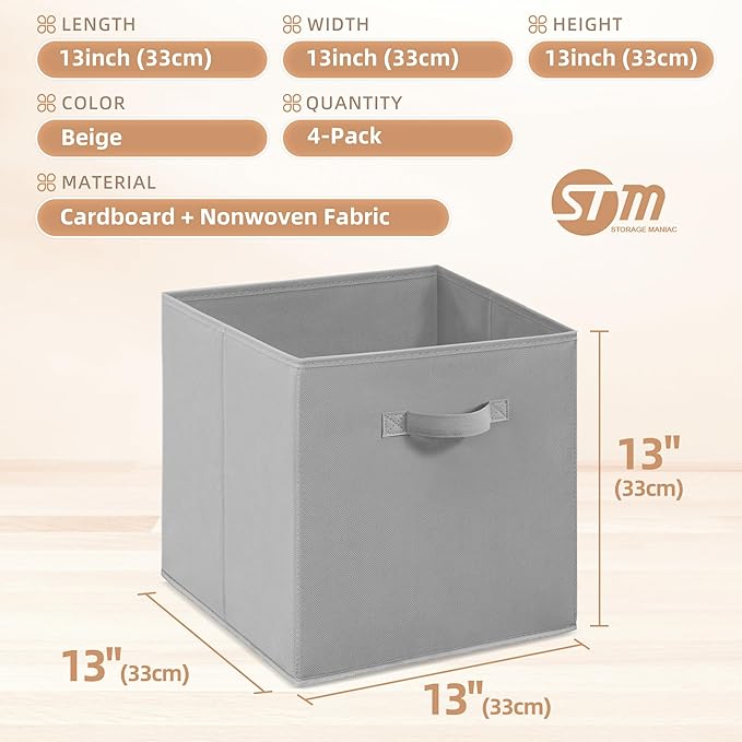 STORAGE MANIAC Storage Cubes, 13 Inch Collapsible Storage Bins with Handles, 4 Pack Fabric Foldable Bins for Organization, Durable Storage Bins for Closet, Shelves, Offices, Toys, 4-Pack Grey