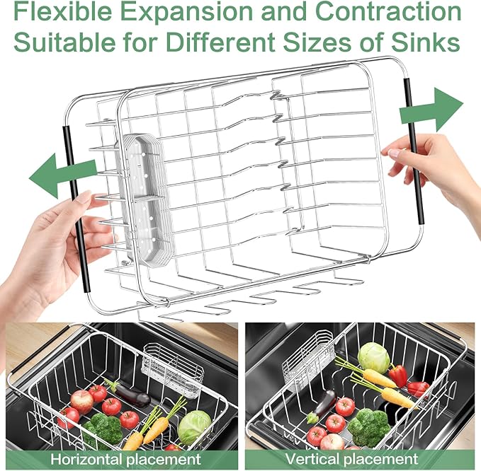 Small Dish Drying Rack in Sink, Extendable Stainless Steel Dish Drainers for Kitchen Counter, Anti-Rust Dish Dryer Rack with Utensil & Cup Holders, for Inside Sink, Over The Sink(for 1-2 People)