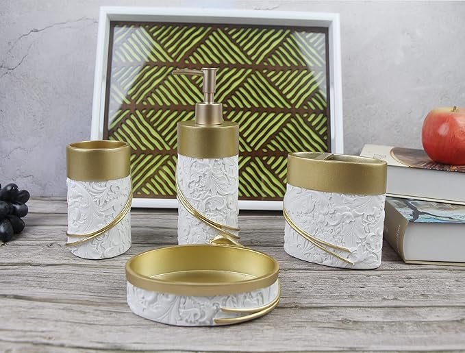 Hymmah Bathroom Accessories Set,Golden Design Toothbrush Holder,Farmhouse Bathroom Decor,4 Pcs Resin Gift Set Apartment Necessities, Contain Toothbrush Cup,Soap Dispenser,Soap Dish,Tumbler