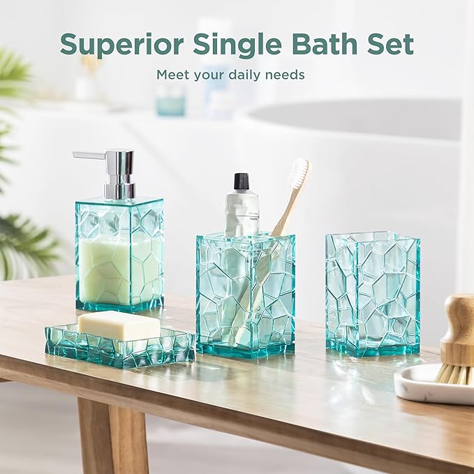 HBlife Bathroom Accessories Set, Teal Blue Acrylic Bathroom Counter Set with Toothbrush Holder, Soap Dispenser, Tumbler, Soap Dish, Turquoise Boho Modern Bathroom Decor, Ideal Gift Choice