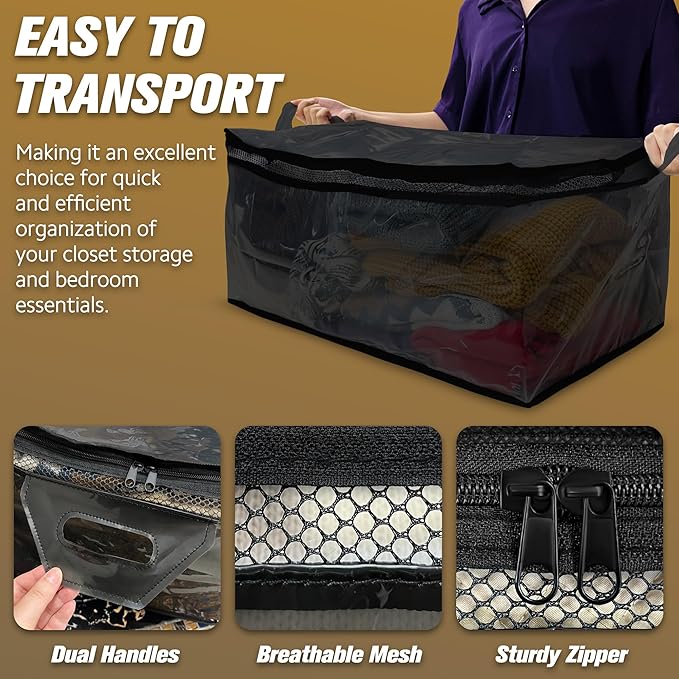 HIBAG 20 Gallon Large Storage Bag for Clothes, Zipper Clothing Storage Bag Organizer with Handles, for Comforters Blankets Pillows Bedding (Black, 2 Pack)