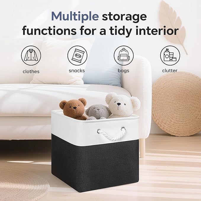 13x13 Inch Cube Storage Bins with Reinforced Bottom Cardboard, 6 Pack Large Foldable Fabric Storage Cubes with Handles for Shelf, Closet, Laundry Organization (White&Black)