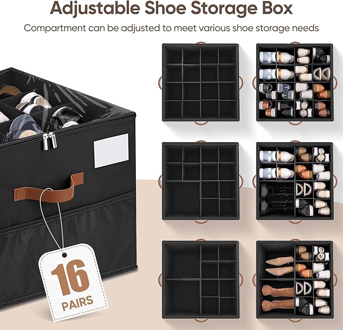 MSTONAL Shoe Organizer for Closet, 1 Pack Shoe Storage Container with Adjustable Dividers, Space Saving Shoe Box Storage Organizer Bin with Clear Lid and 4 Handles, Fits 8-16 Pairs, Pure Black