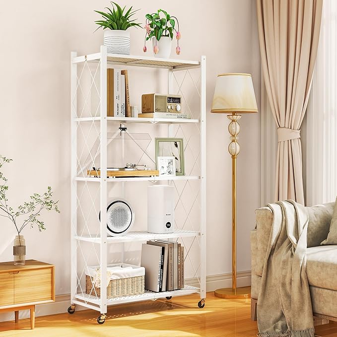 5-Tier Folding Metal Storage Shelf with Wheels, Heavy Duty Organizer Rack Holds 750 lbs, No Assembly Utility Shelving for Kitchen, Garage, Pantry, Living Room, Office (New Upgrade - White, 5 Tier)