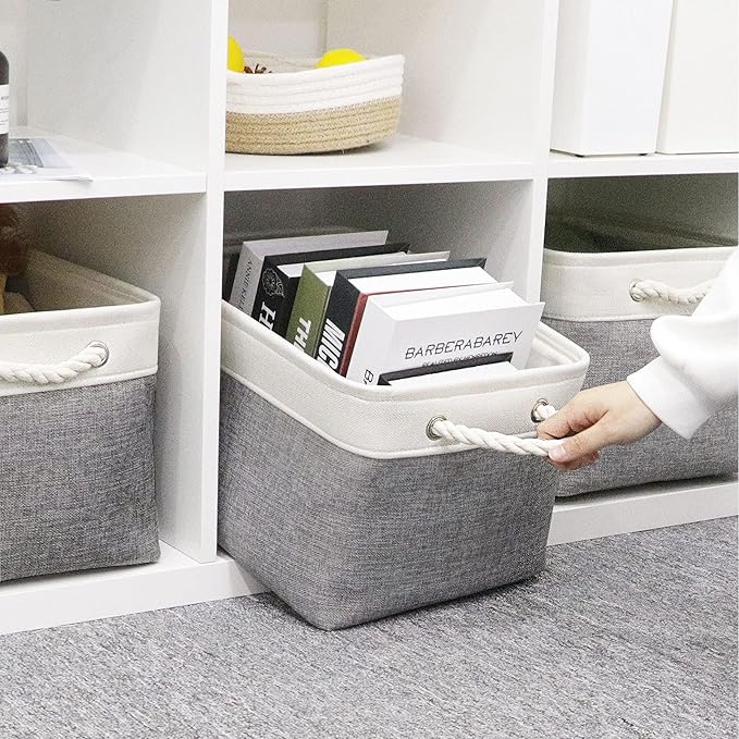 HNZIGE Large Fabric Storage Baskets (3 Pack) - Foldable Gift Baskets with Rope Handles, Decorative Organizers for Home (White & Gray, 15" x 11" x 9.5")