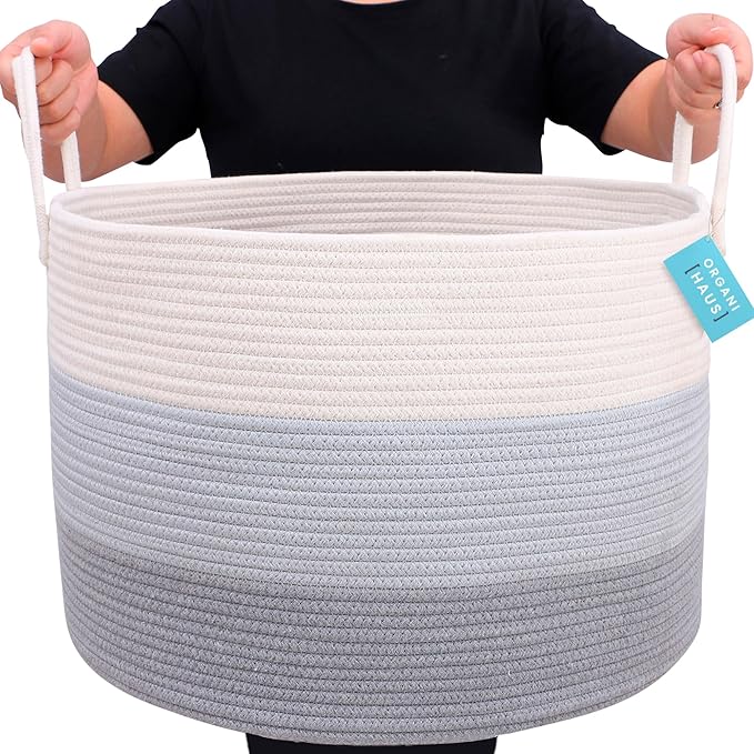 OrganiHaus Large Woven Storage Basket for Blankets and Toys 20" x 13" Inch, Rope Laundry Basket with Handles, Cushions & Pillows Storage Bin, Nursery Hamper, Soft Round Dog Toy Bin - Gray