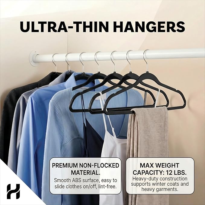 HOUSE DAY Quality Plastic Hangers 100 Pack - Heavy Duty Non-Velvet Hangers with Non Slip Notches & 360° Swivel Hook - Slim Space Saving Clothes Hangers Ideal for Coats Shirts Jackets Dresses (Black)