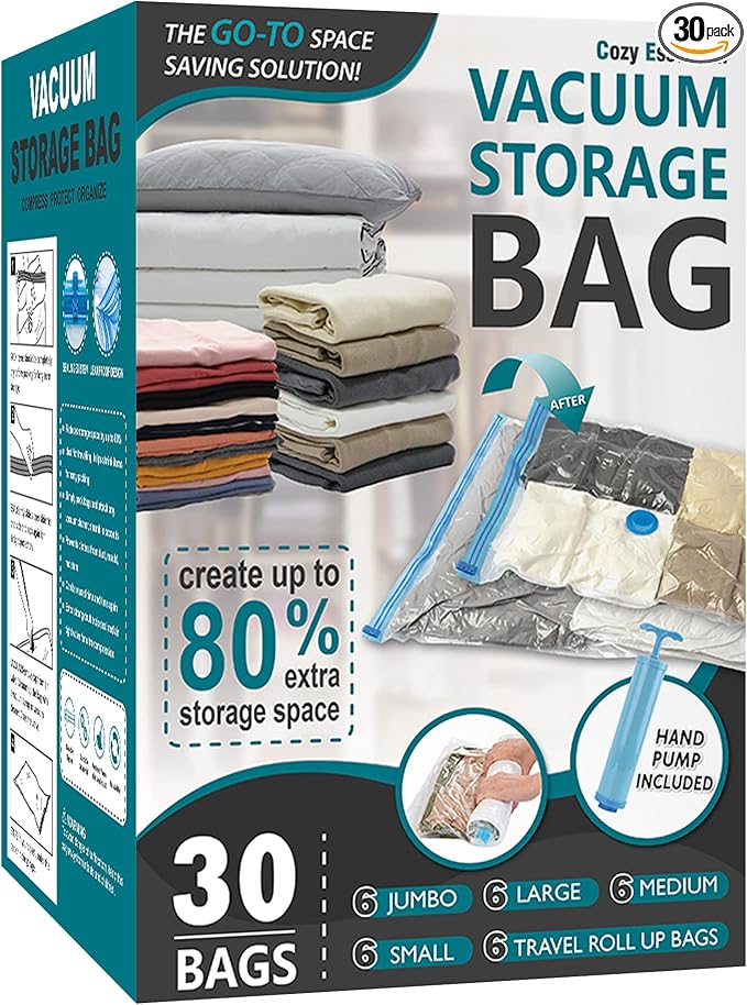 Cozy Essential 30 Pack Vacuum Storage Bags, Space Saver Vacuum Storage Bags, Vacuum Seal Bags for Clothing, Clothes, Comforters and Blankets, Pillow, Bedding