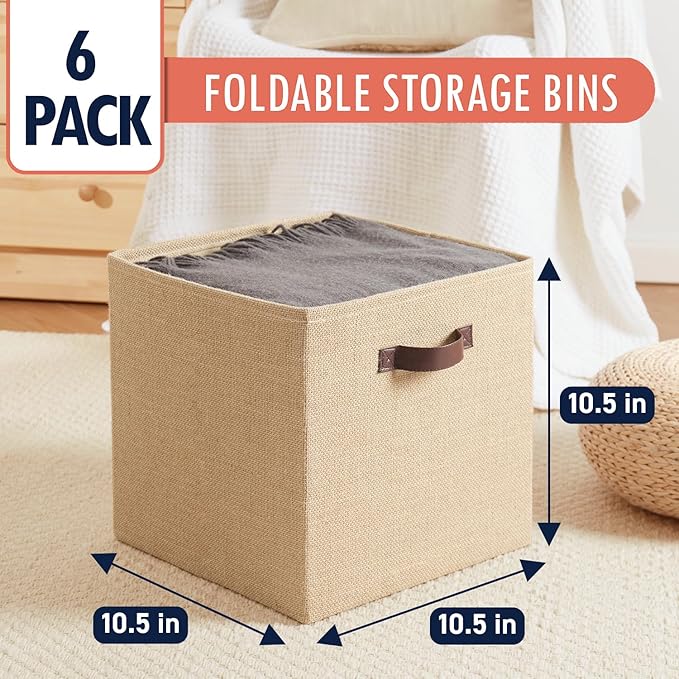 Ornavo Home 10.5 x 10.5 Storage Cube Bins, 6 Pack Jute Baskets, Fabric Storage Bins Shelf Basket Cube Organizer for Closet Foldable Collapsible with Leather Handles