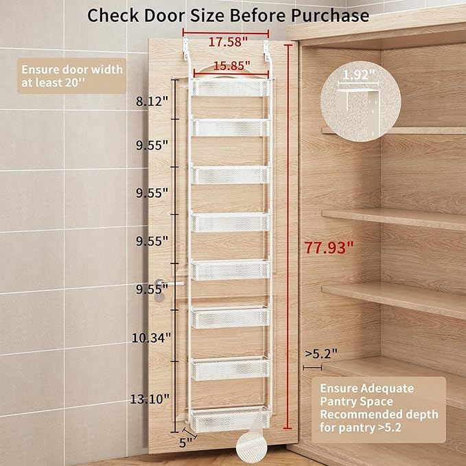 Over The Door Pantry Organizer, 8-Tier Pantry Organization and Storage, Over The Door Spice Rack, Home & Kitchen Storage Shelves for Cabinet, White