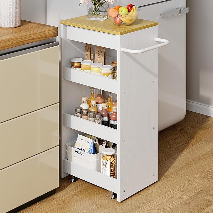 IRONCK Slim Storage Rolling Cart with Drawer and Wheels and Handle, 4 Tier Slide Out Utility Kitchen Cart for Small Spaces Kitchen Laundry Narrow Places, 11.8" D White