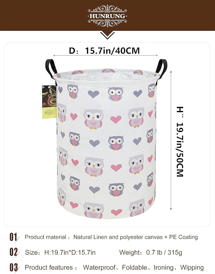 HUNRUNG Laundry Hamper,Large Canvas Fabric Lightweight Storage Basket Toy Organizer Dirty Clothes Collapsible Waterproof for College Dorms（Round-Love Owl）