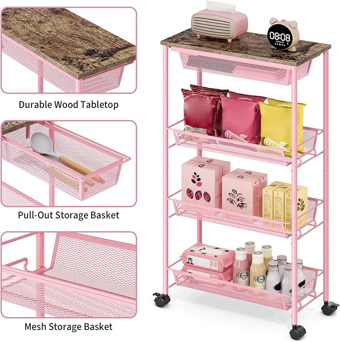 KINGRACK 4-Tier Slim Storage Cart, Metal Rolling Cart, Organizer with Wooden Tabletop and Drawer Basket, Mobile Shelving Unit for Kitchen, Bathroom, Laundry Room, Pink
