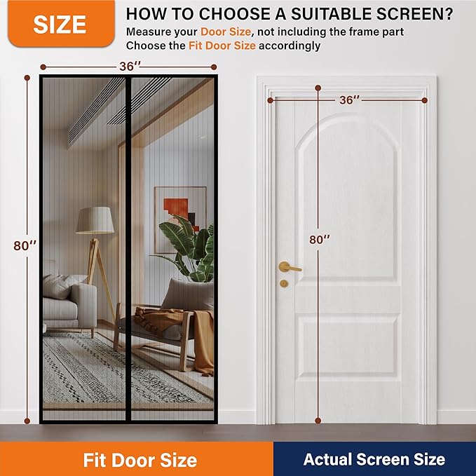 Magnetic Screen Door,Screen Door Mesh,Keep Bugs Out, Easy Install Works with Front Doors, Sliding Doors,Fit Door Size 36 x 82 Inches