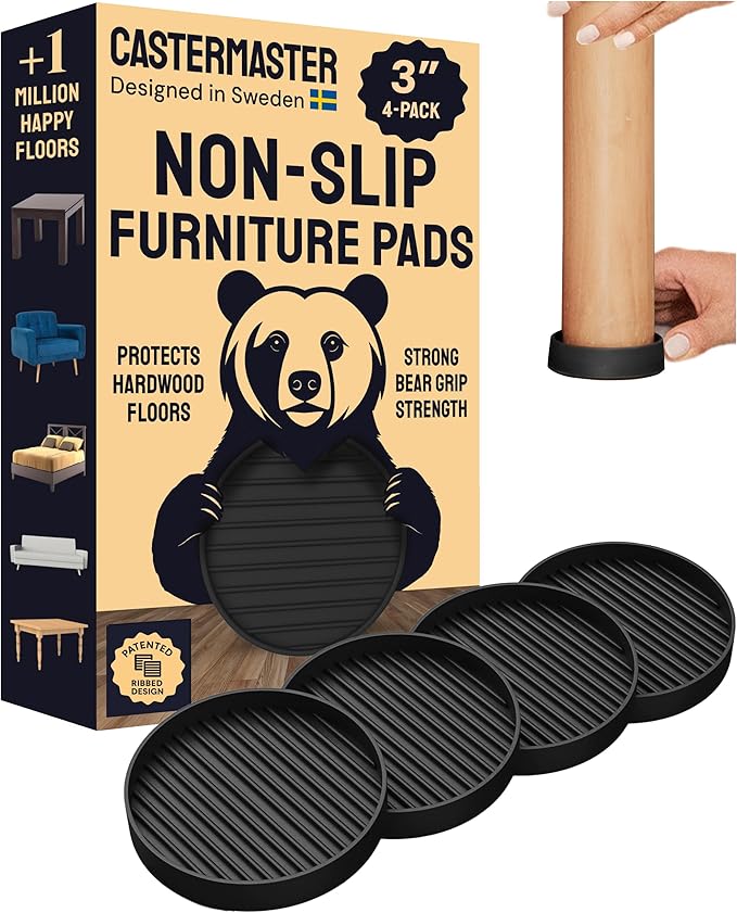 CasterMaster Non Slip Furniture Pads 3 Inch - Rubber Chair Leg Floor Protectors for Hardwood - Round Caster Cups & Couch Stoppers - Heavy Duty Feet Grippers (Black, Set of 4)