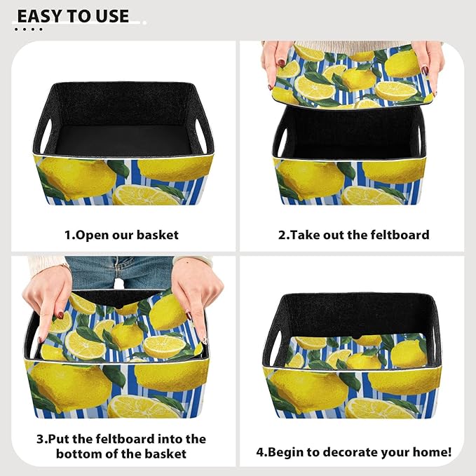 Closet Storage Bins 2 Pcs Felt Open Home Storage Containers Organizer with Handles Collapsible Shelf Basket for Home Office Craft Room Classroom Fabric Blue Stripe Lemon Dandelion Summer