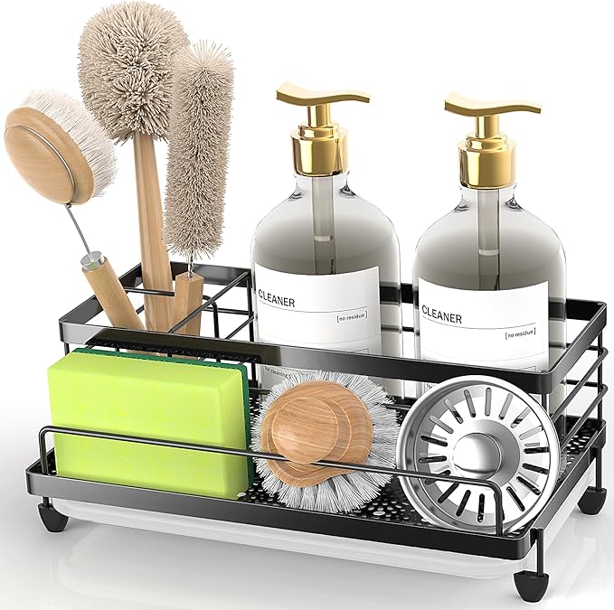 Cisily Large Black Sponge Holder for Kitchen, Sink Caddy Sink Organizer Rack for Kitchen Accessories with Drip Tray, Rustproof and Non-slip, Soap Dispenser Countertop Organizer Essentials for New Home